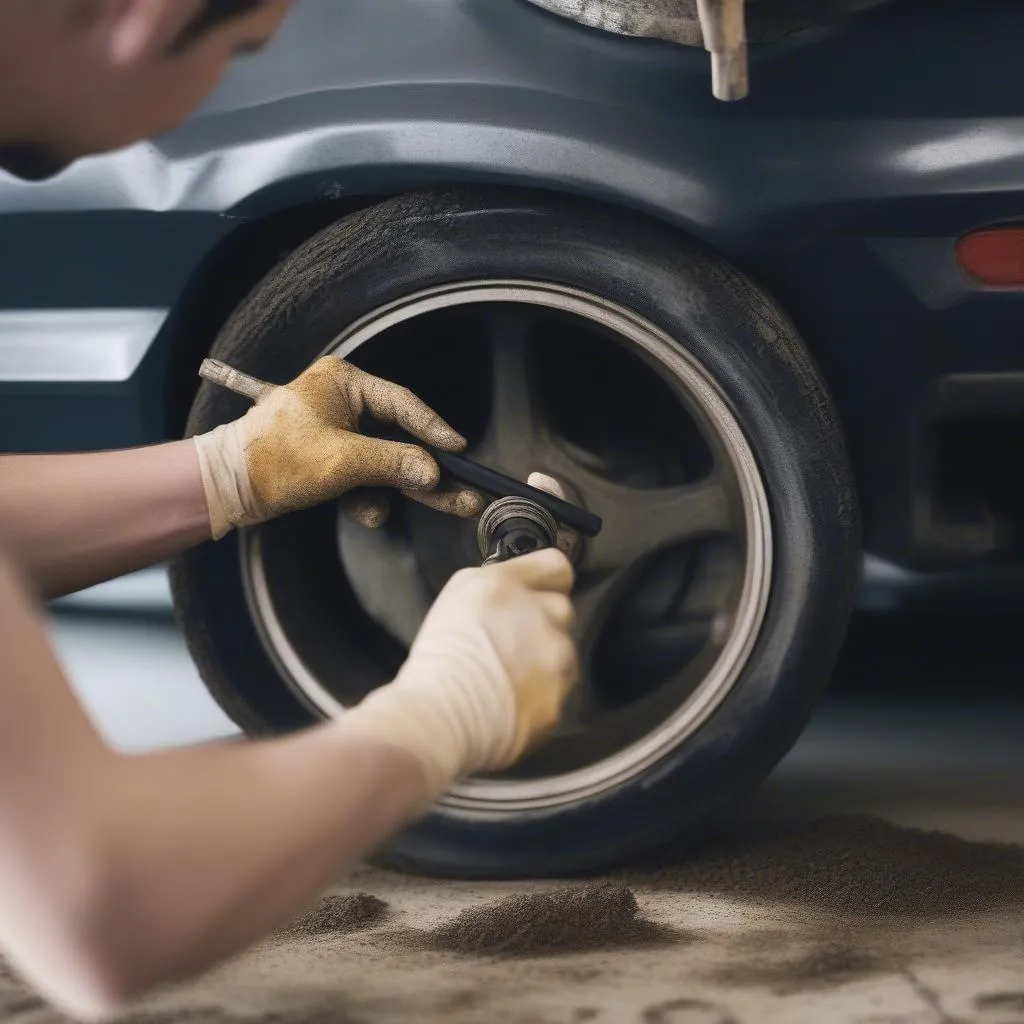 Close-up of a mechanic inspecting a car's ABS wheel speed sensor