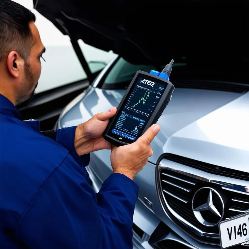 ATEQ VT06 scan tool being used by a mechanic to diagnose a car's engine.