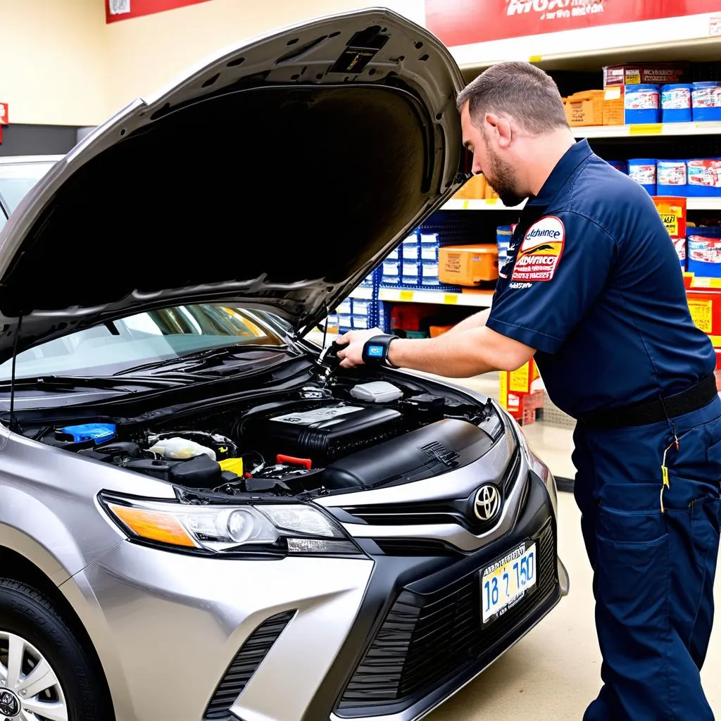 Mechanic using a scan tool on a car at Advance Auto Parts