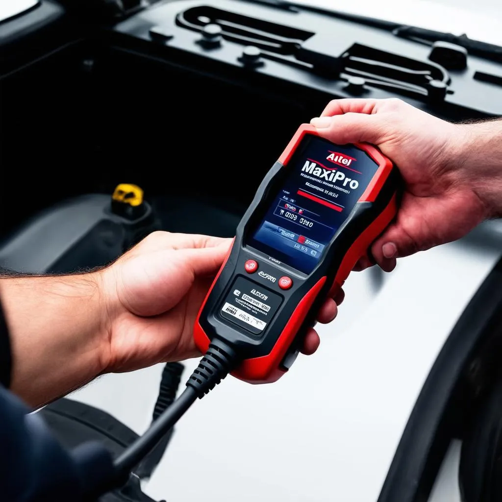 A mechanic using an Autel MaxiPro scanner on a Toyota car