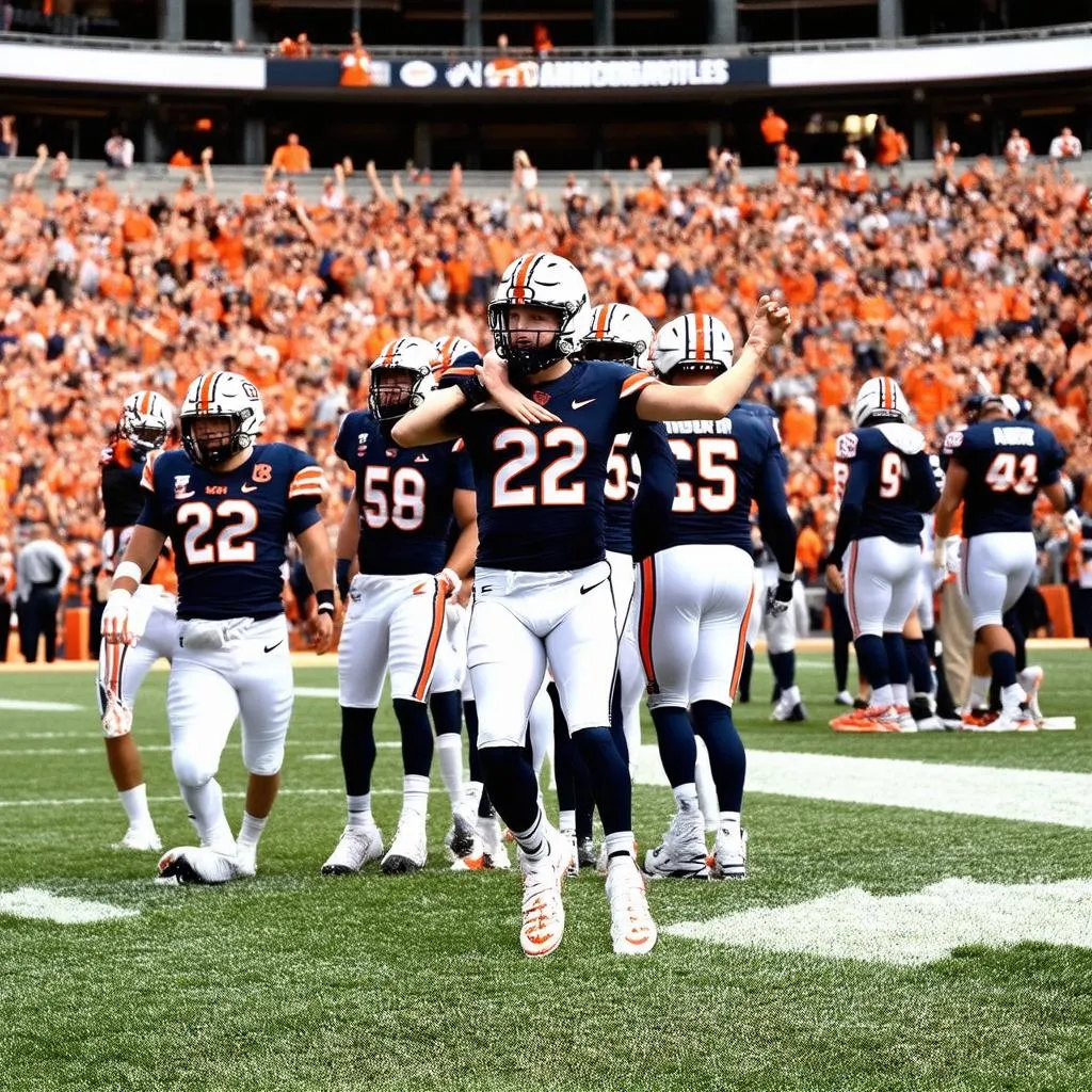 Bo Nix celebrating a touchdown with teammates during an Auburn game