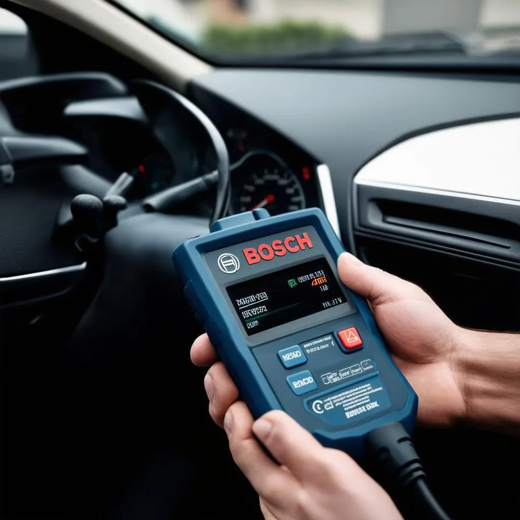 A Bosch Diagnostic Scan Tool connected to a car's OBD-II port