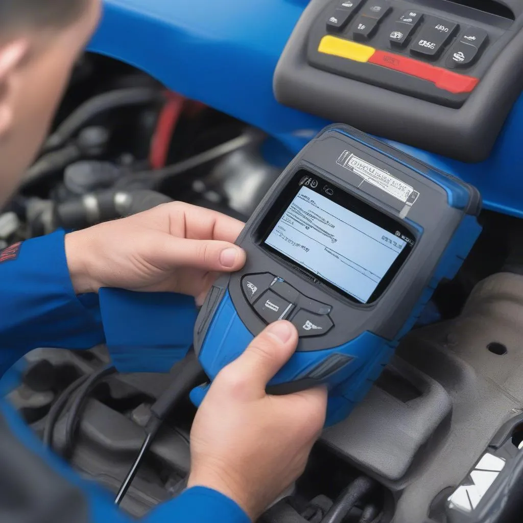 Mechanic using a Bursons Scan Tool to diagnose a car problem