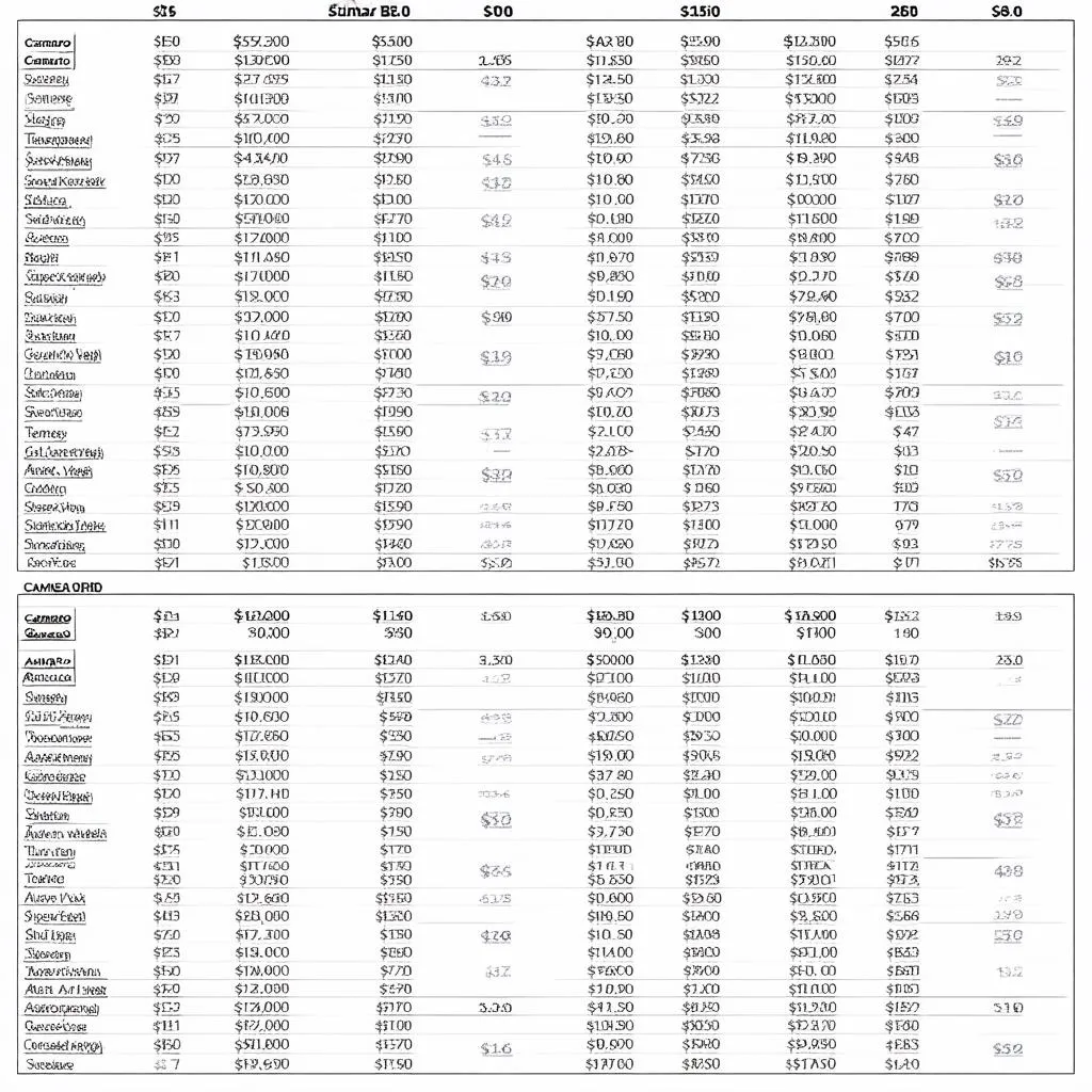 Camaro Price Comparison Table