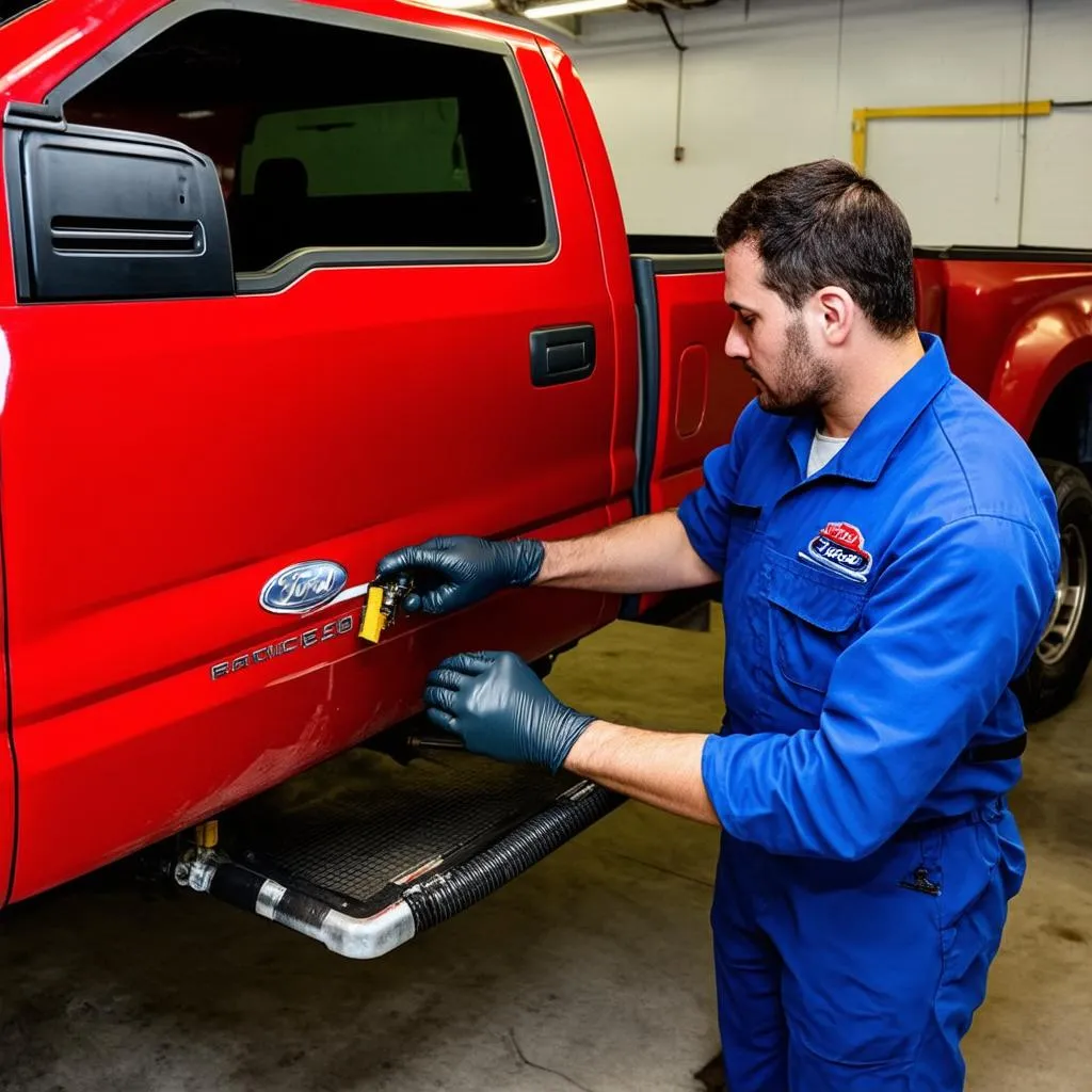 A mechanic repairing a car's AC system