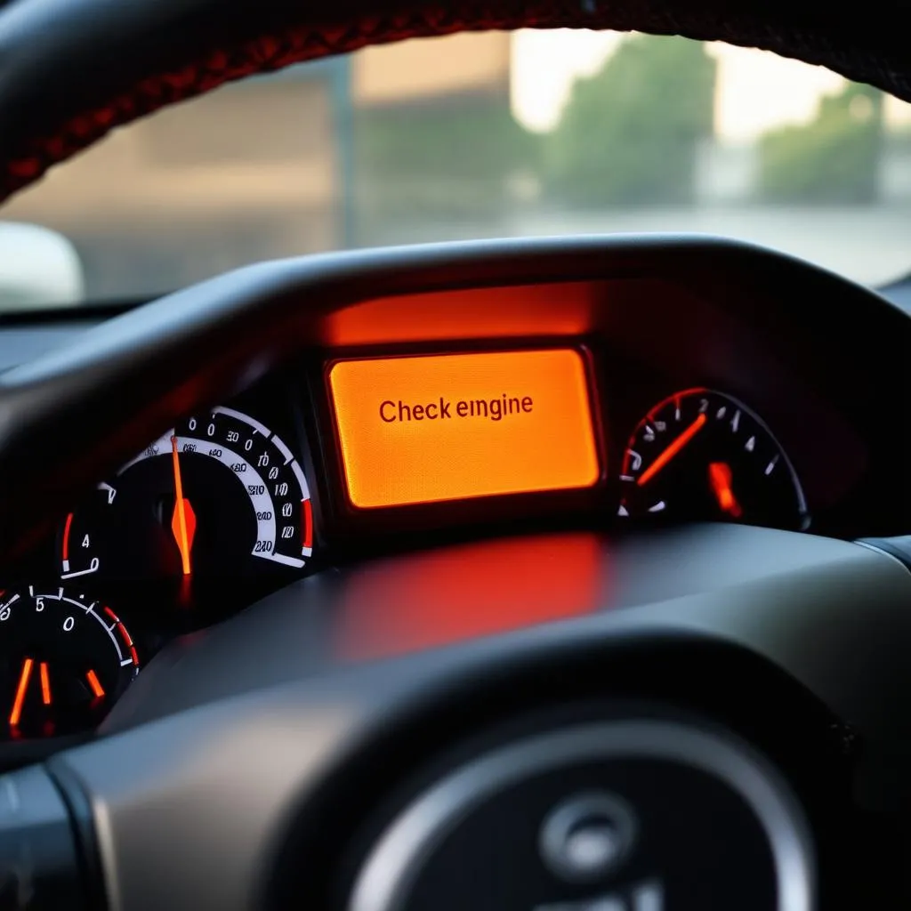 Close up of a car dashboard with a check engine light illuminated