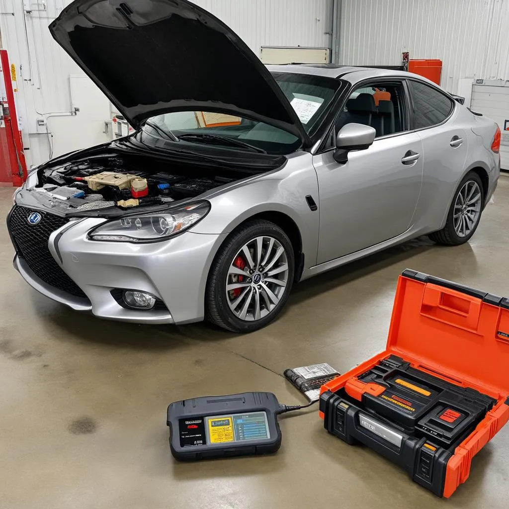 A car in a garage with diagnostic tools around it