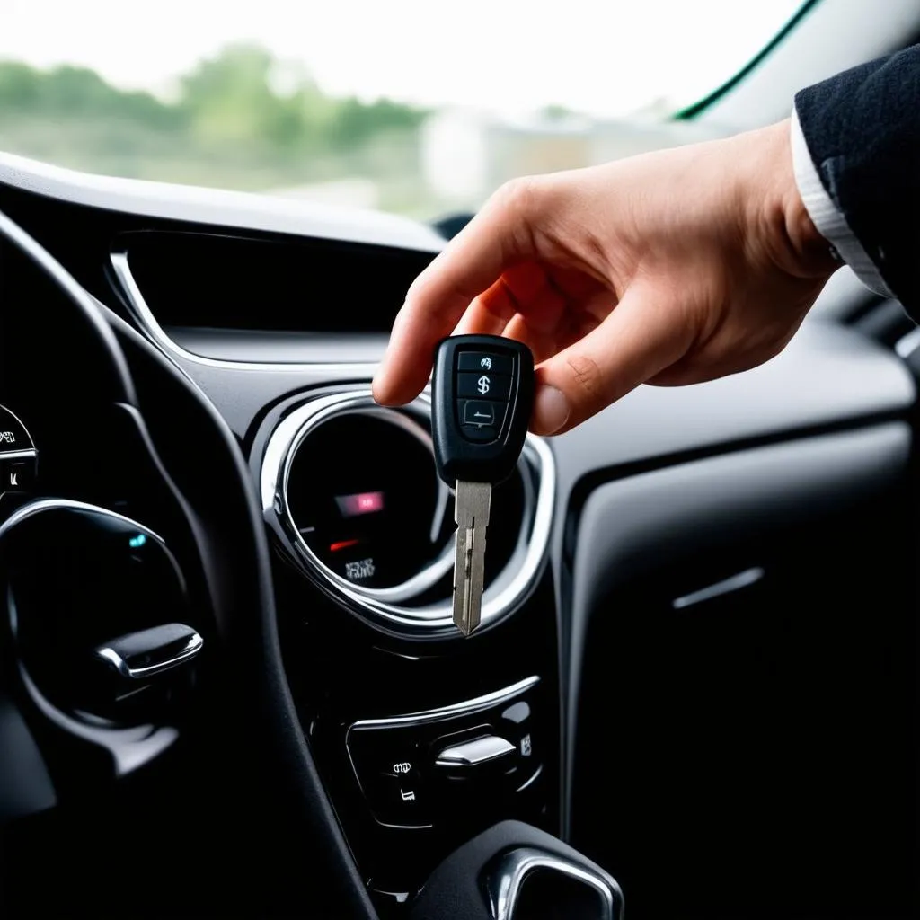 A hand holding a car key near a car's ignition