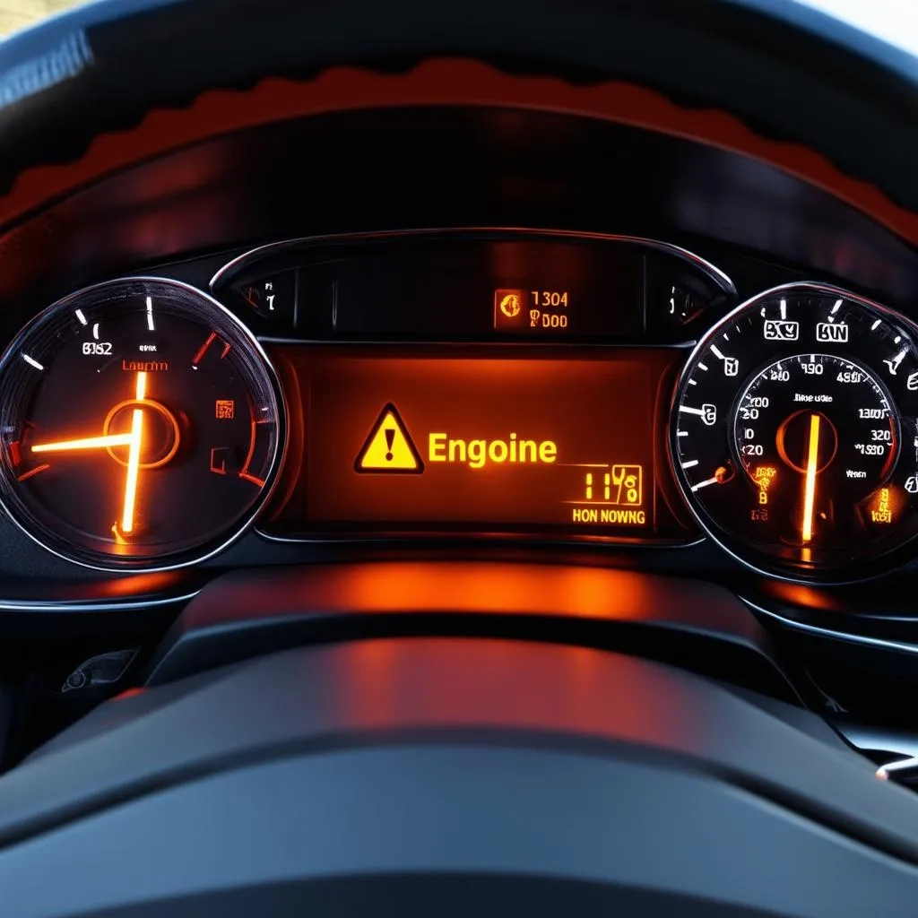 Close-up view of a car's dashboard with the &quot;check engine&quot; light illuminated, indicating a potential problem.