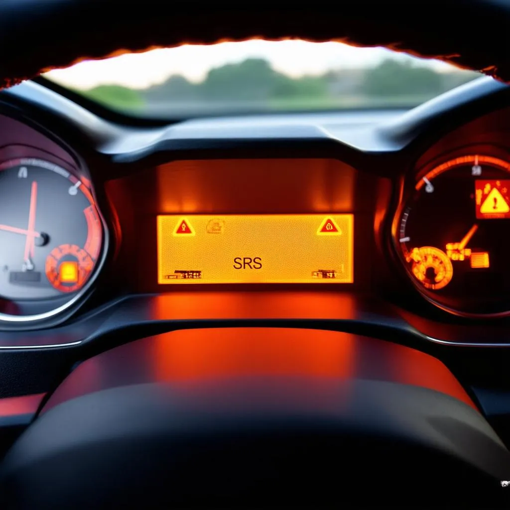 Car dashboard illuminated with ABS and SRS warning lights