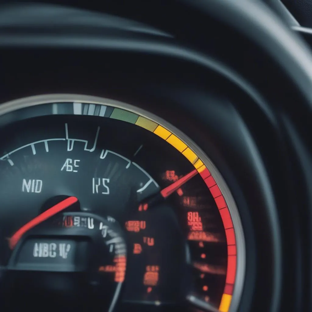 Car dashboard illuminated with multiple warning lights