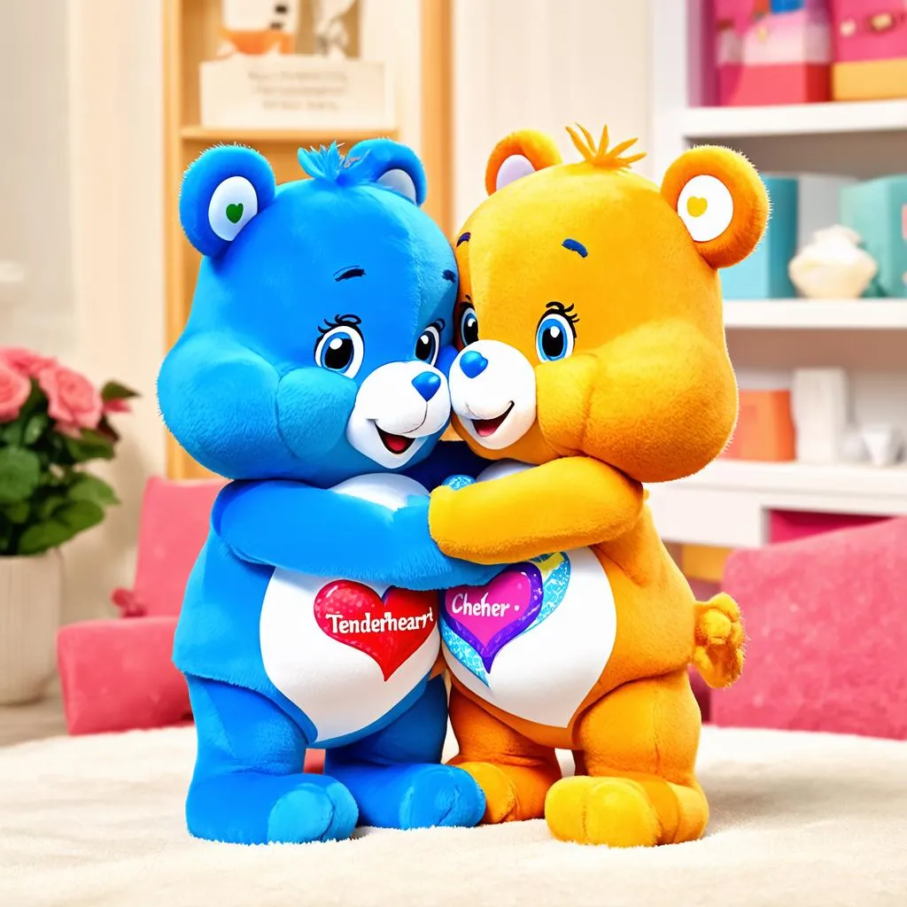 Two Care Bears hugging.