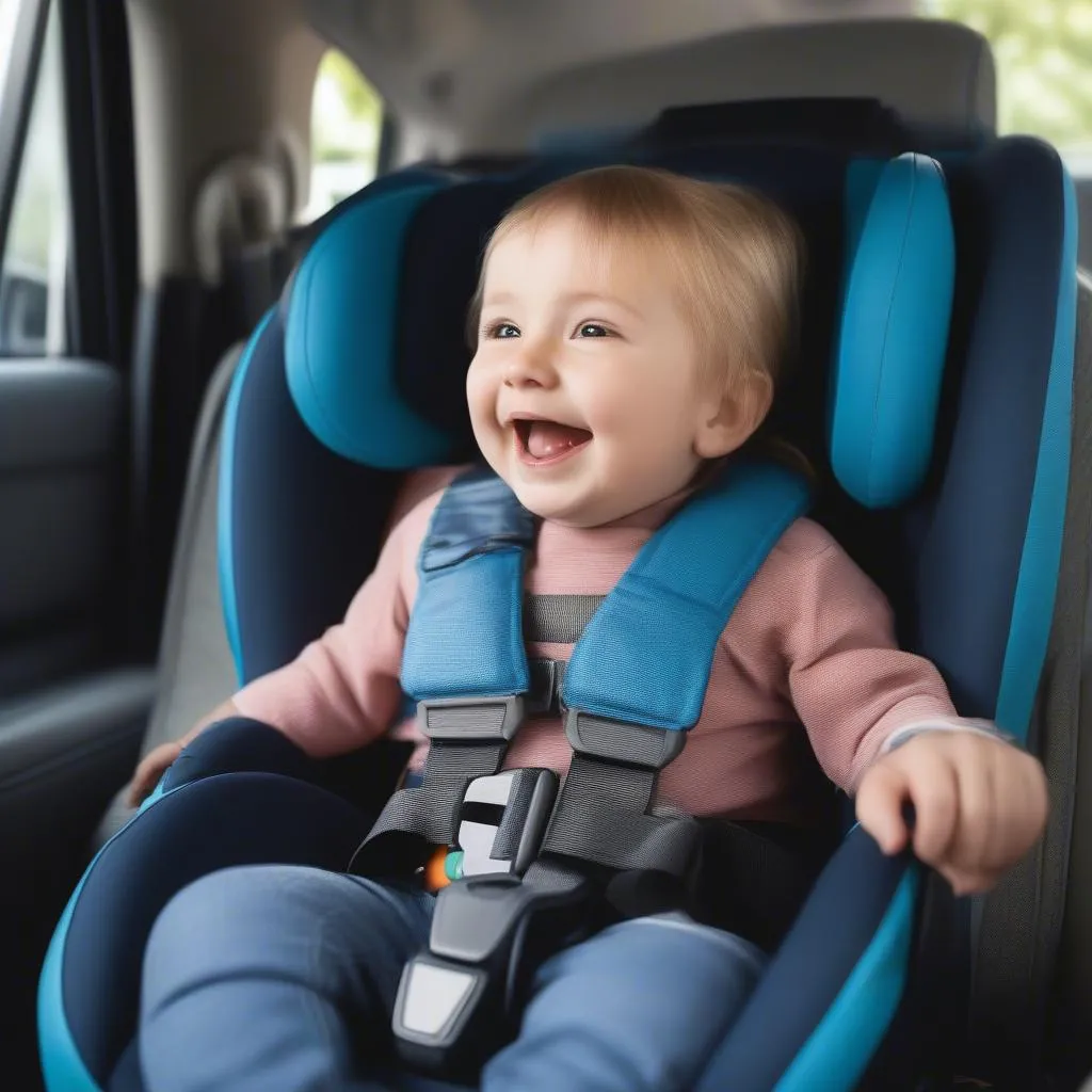 A child properly secured in a car seat