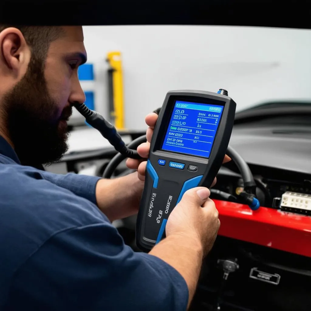 Mechanic using a diagnostic tool