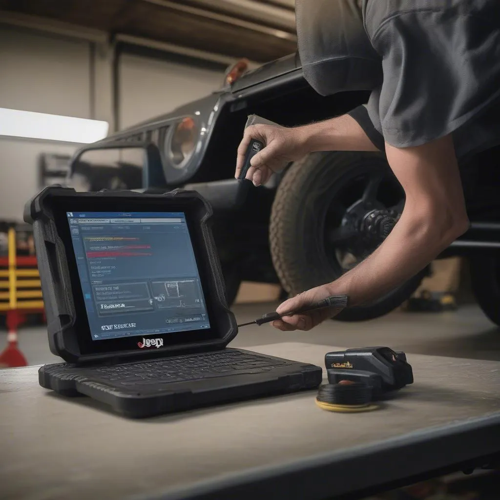 A mechanic using a DRB scan tool to diagnose a Jeep Wrangler in a garage.