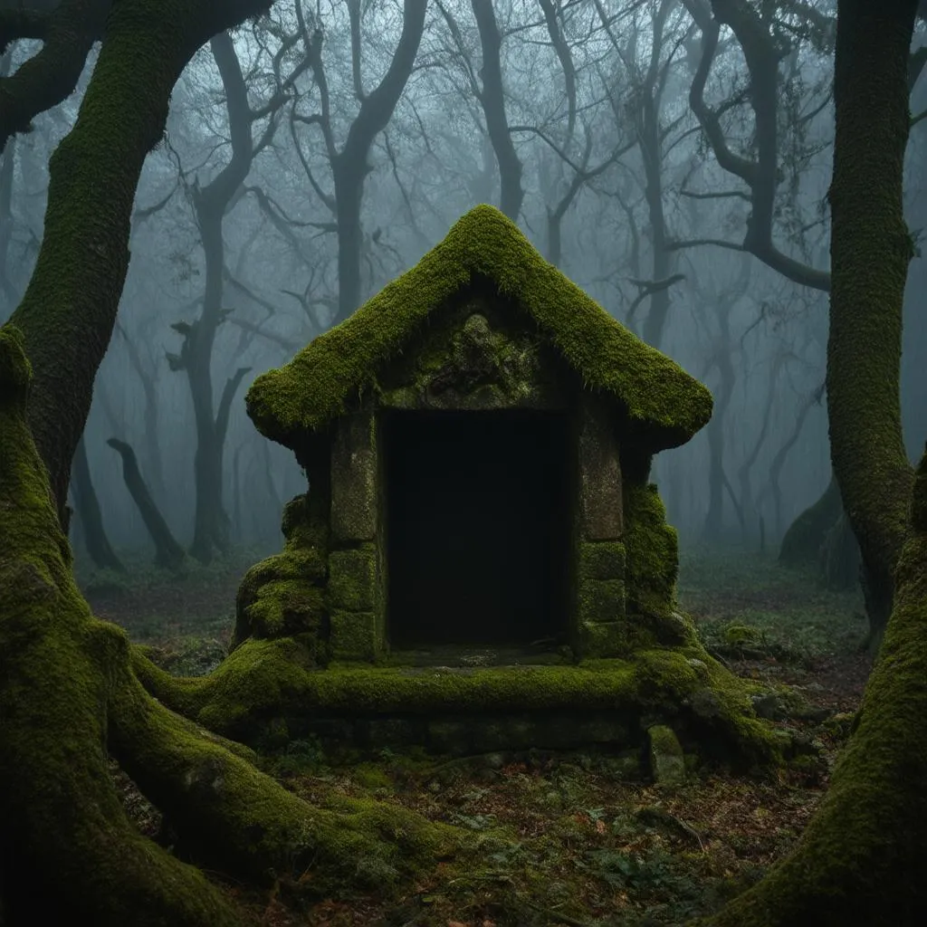 Ancient stone altar in a dark forest