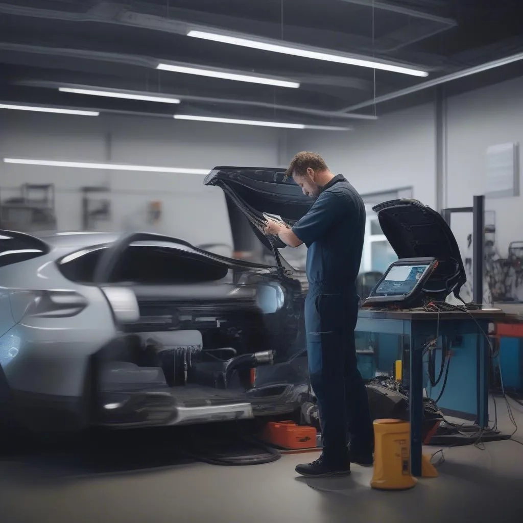 Mechanic using a Discover Scanning Tool on a car in a repair shop