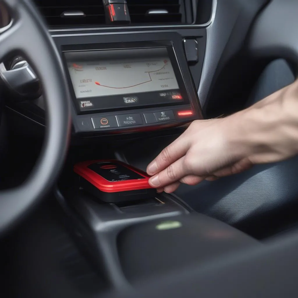 Car diagnostic tool plugged into a car's OBD2 port