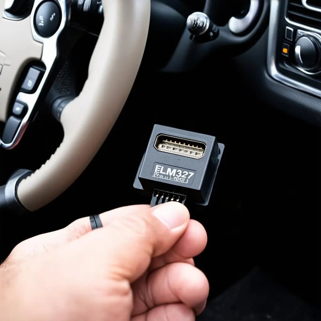 ELM327 device connected to a car's OBD-II port