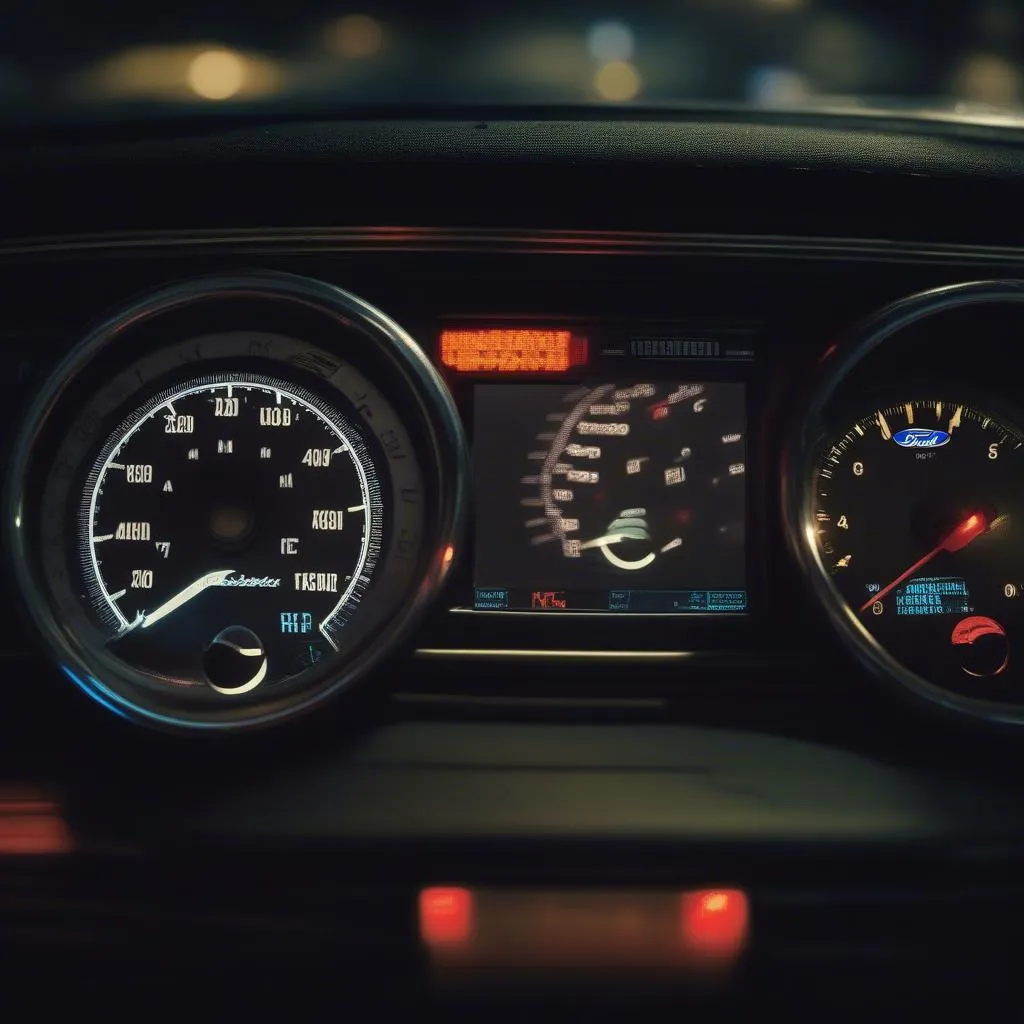 Close-up of a Ford car dashboard with warning lights on