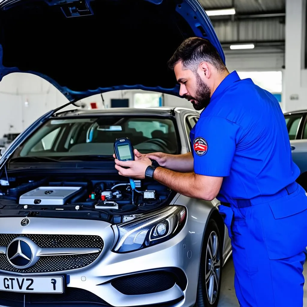 Mechanic using a GTS scanner to diagnose a car problem