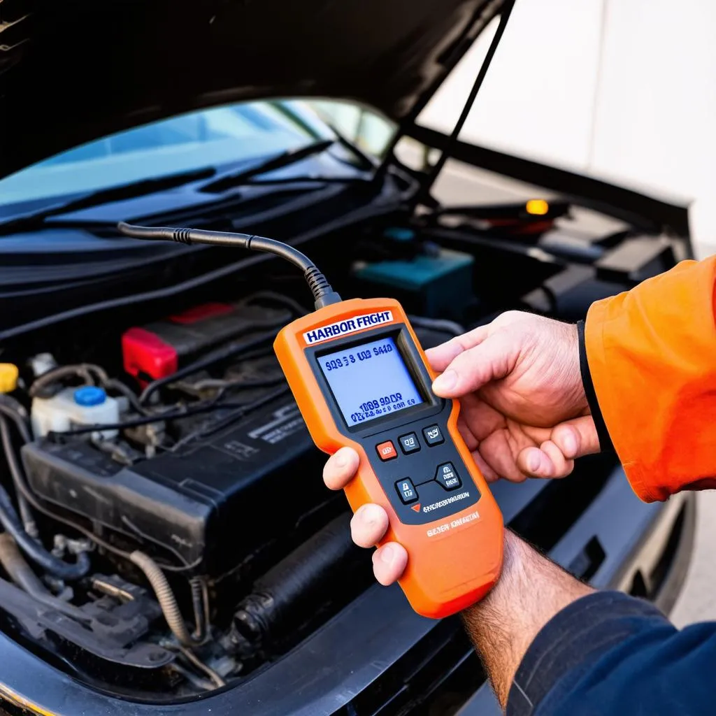 Mechanic using a Harbor Freight scan tool to diagnose a car problem