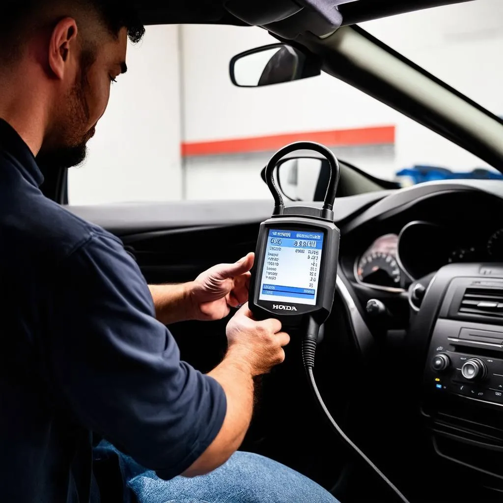 Mechanic using scan tool on a Honda car