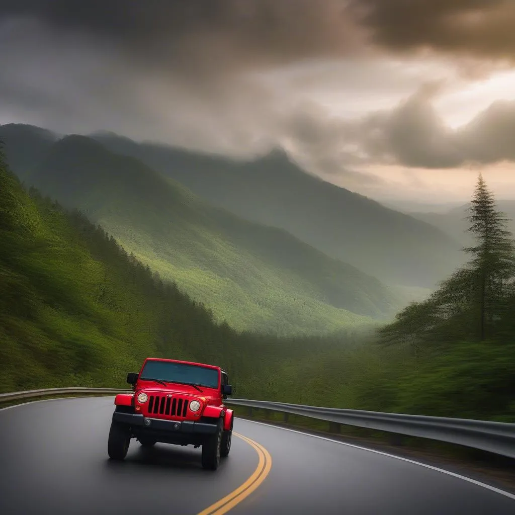 A red Jeep Wrangler driving on a scenic mountain road with lush greenery and a cloudy sky.