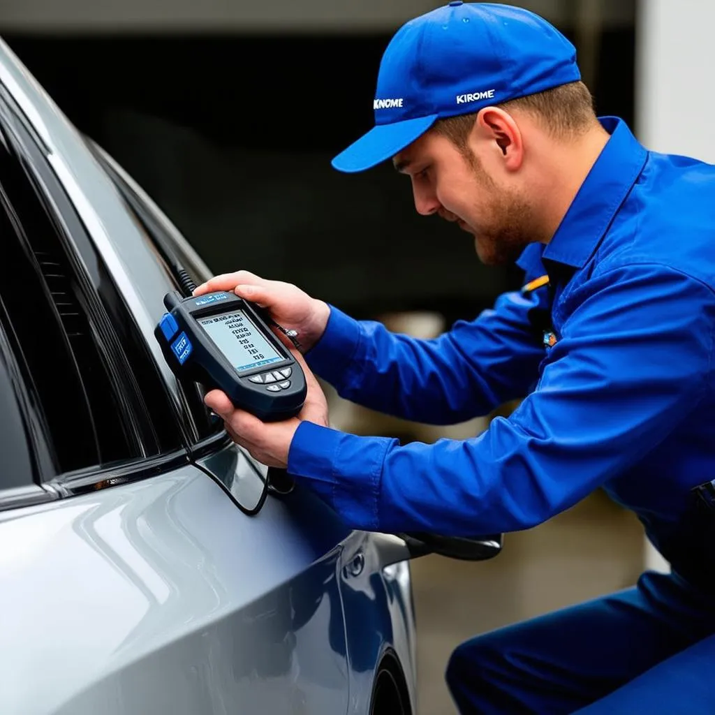 Mechanic using a Kincrome scan tool on a modern car's dashboard