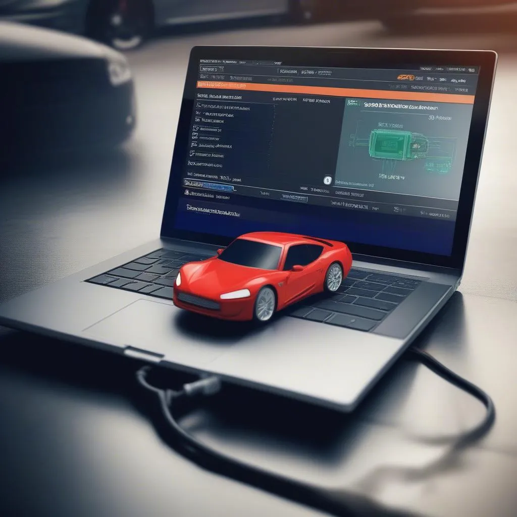 Laptop connected to car via OBD2 port