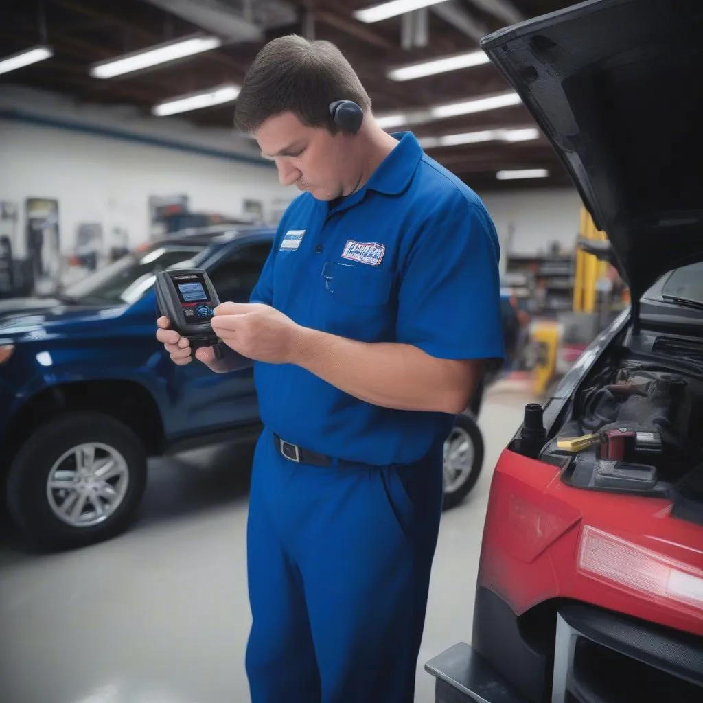 Mechanic using a Matco scan tool to diagnose a car in a repair shop