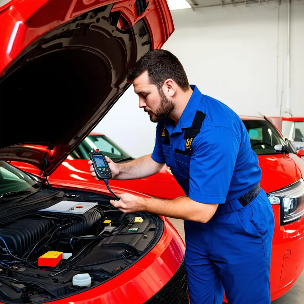 Mechanic diagnosing a car problem