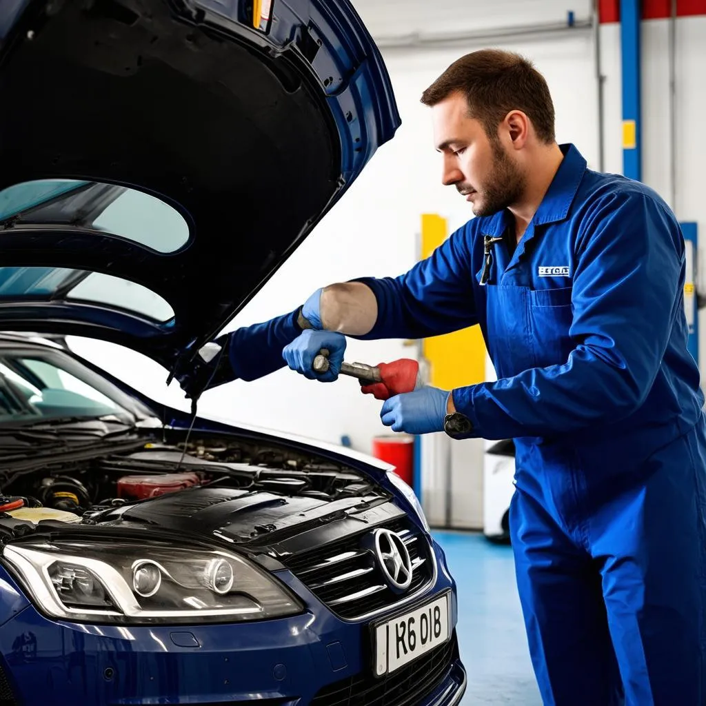 Mechanic working under the hood of a European car in a garage