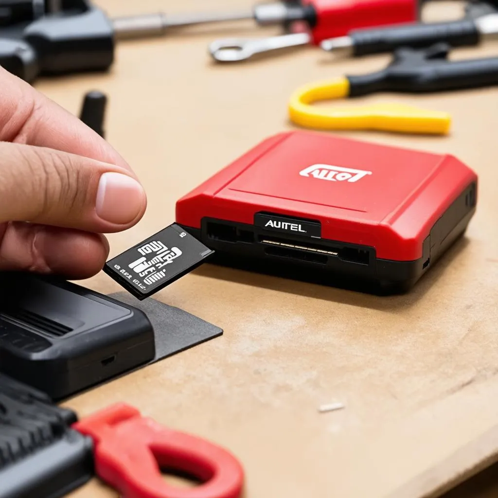 Mechanic inserting an SD card into an Autel scanner