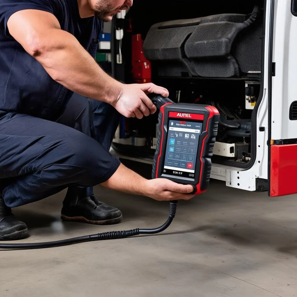 Mechanic using Autel Maxisys MS908CV to diagnose a truck