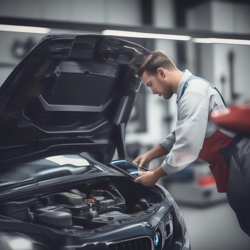 Automotive Technician Using a Dealer Scanner