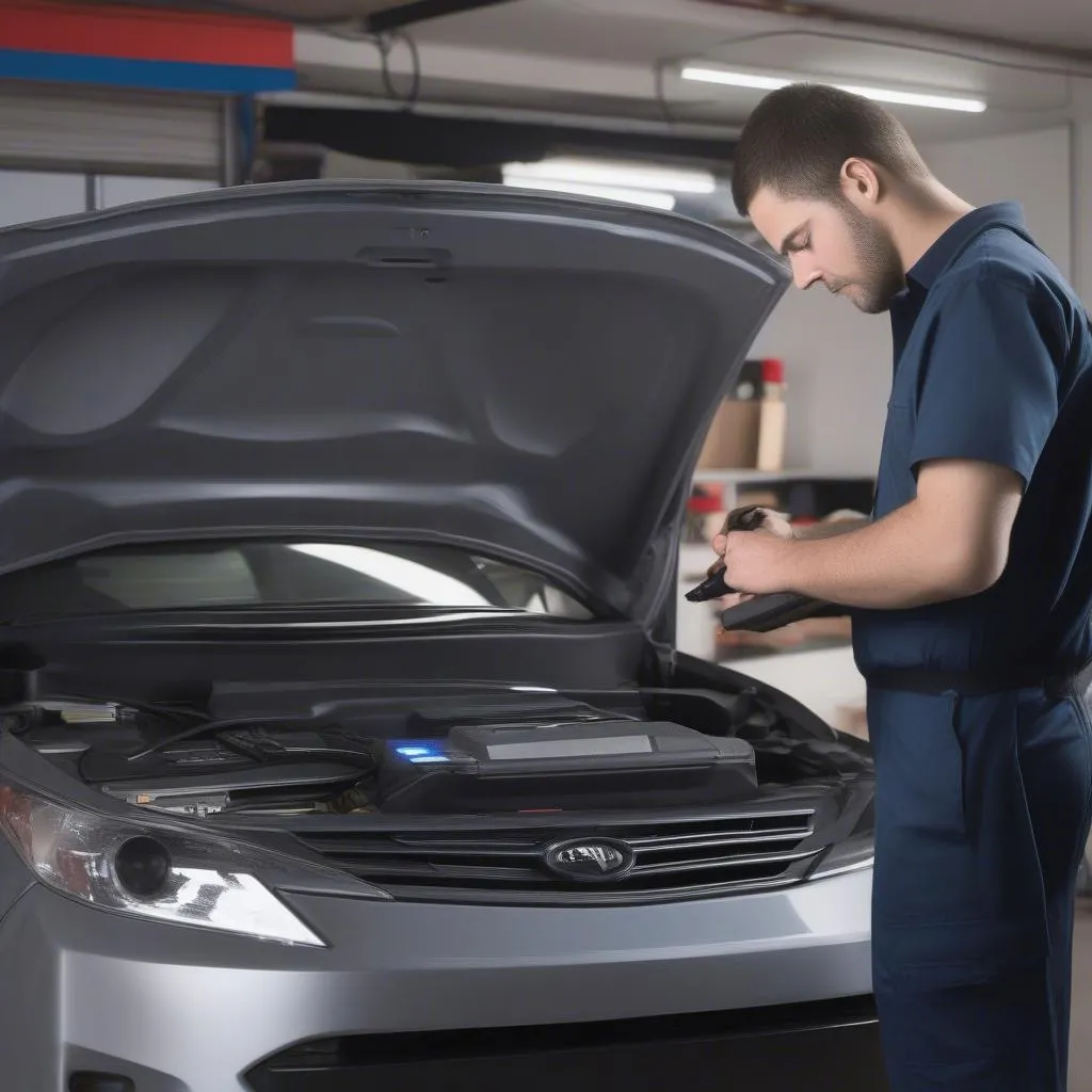 Mechanic using Innova 1303 Scanner to diagnose car trouble