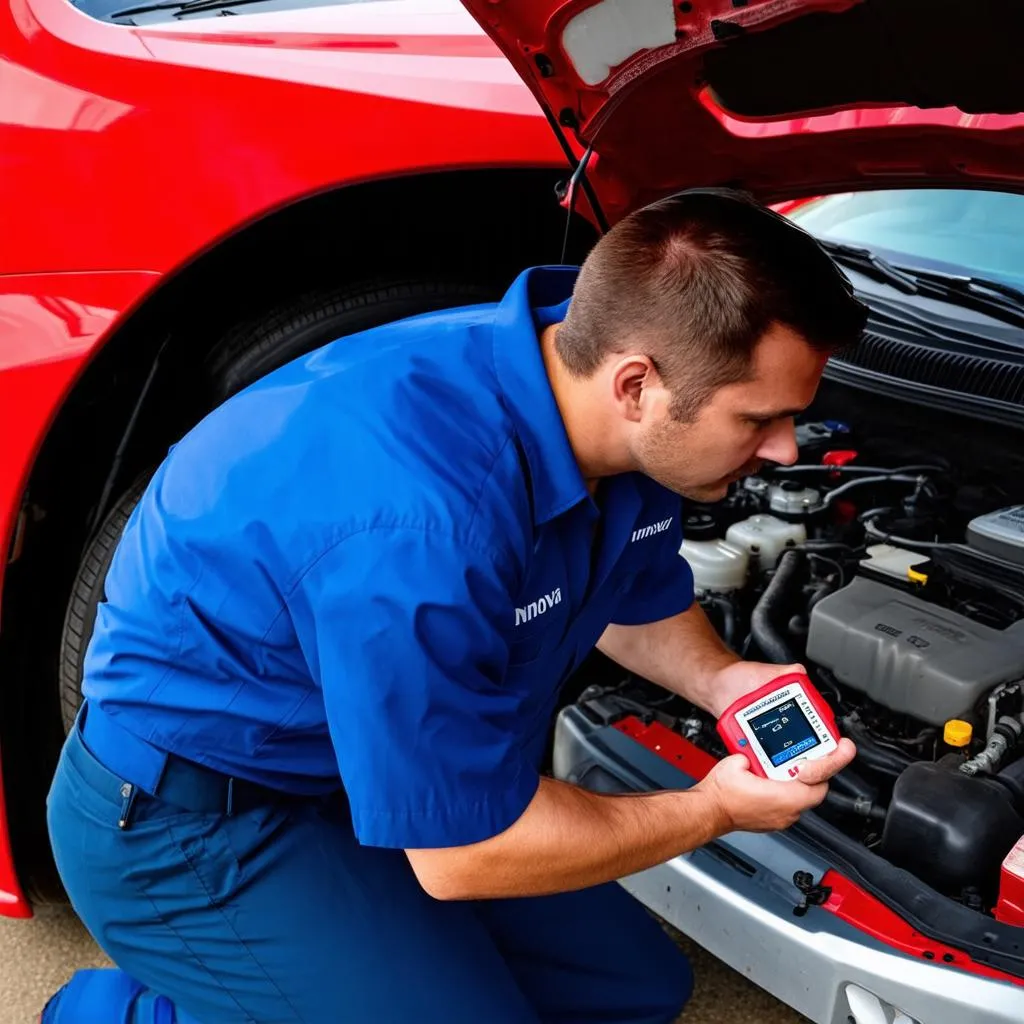 Mechanic using Innova scan tool to diagnose a car engine problem