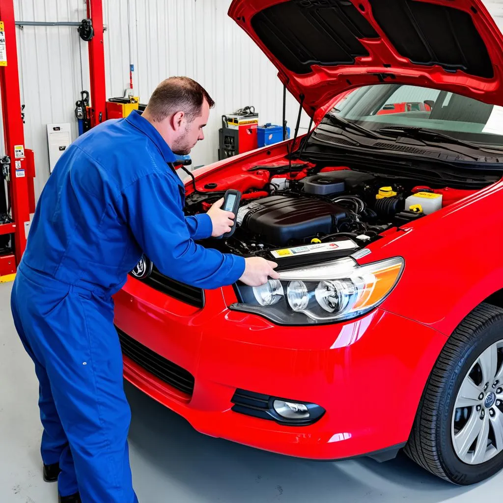 A mechanic using an OBD scanner to diagnose a car problem.