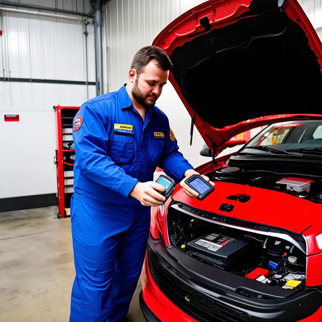 Mechanic using an OBD2 scanner to diagnose a car problem.