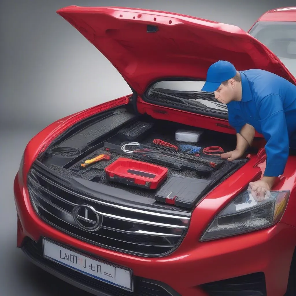 A mechanic using an OBD2 scanner on a car.