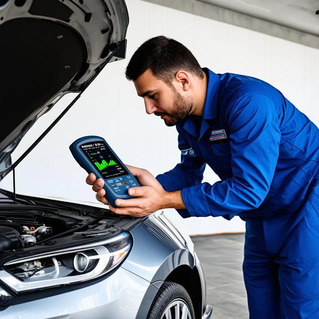 A mechanic uses a scan tool to diagnose a car problem.