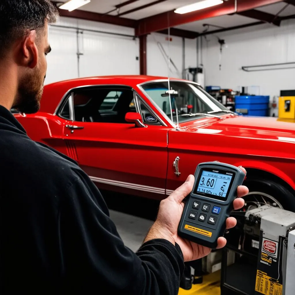 Mechanic Using Scan Tool on Ford Mustang