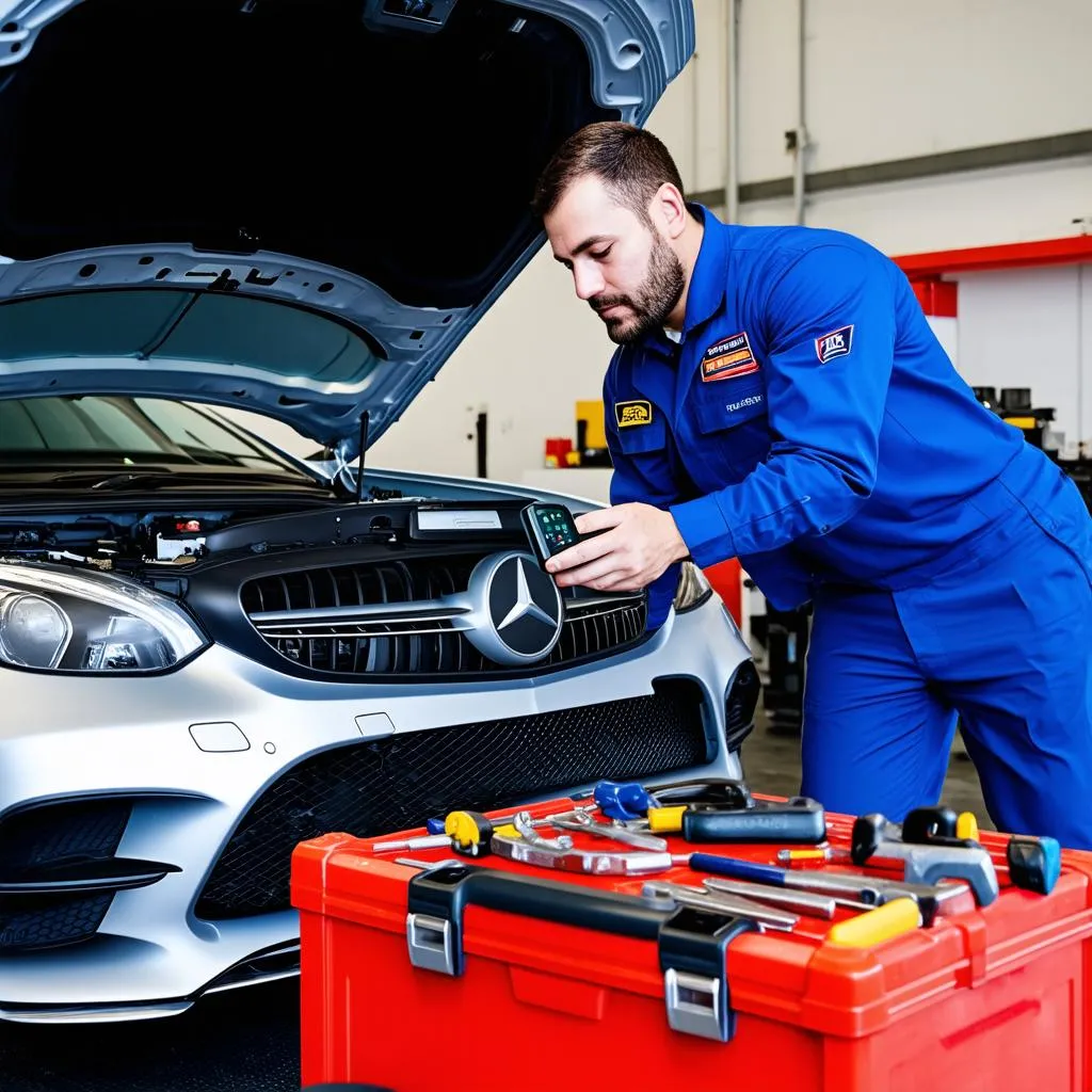 A mechanic using a dealer scanner on a European car