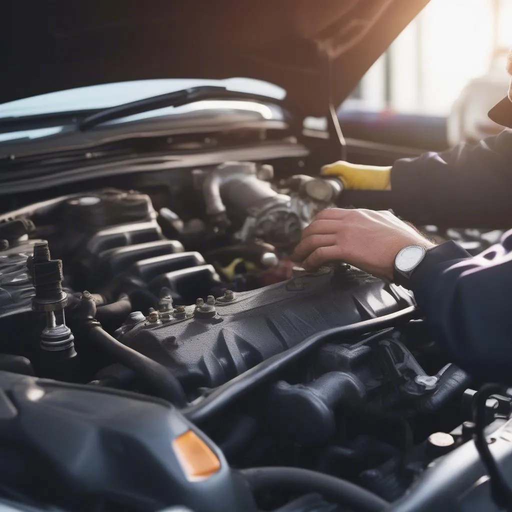 Mechanic Working on Car Engine