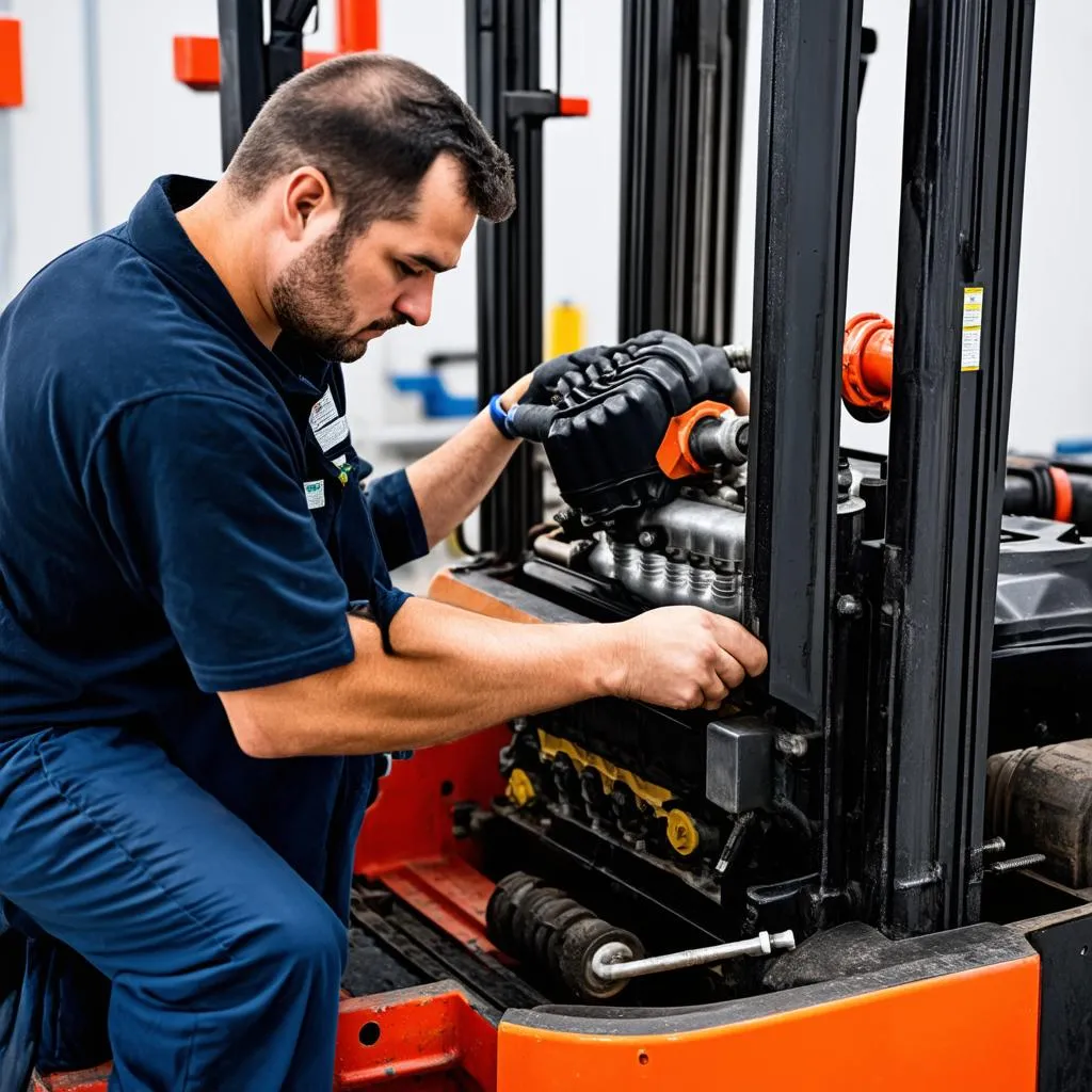  Mechanic Working on Forklift Engine 