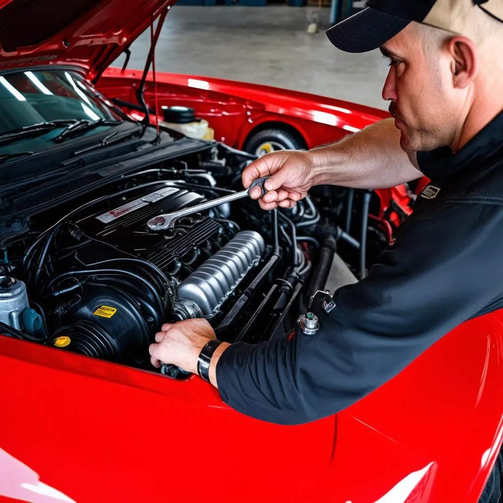 Mechanic Working on GM Car Engine