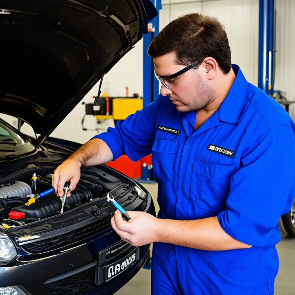 Mechanic using tools to work on a car engine