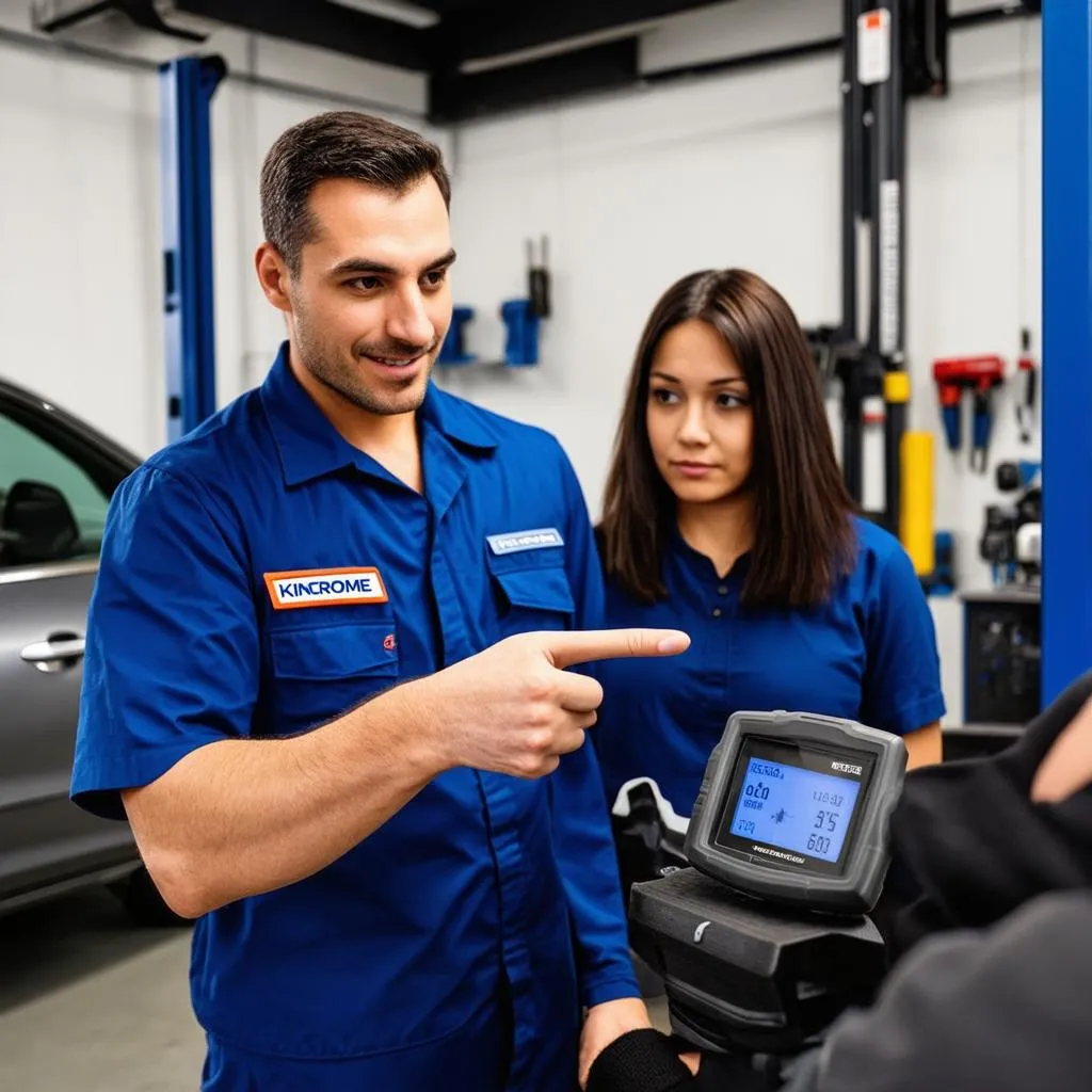  A mechanic is explaining the readings on a Kincrome scan tool to a customer in a car repair shop