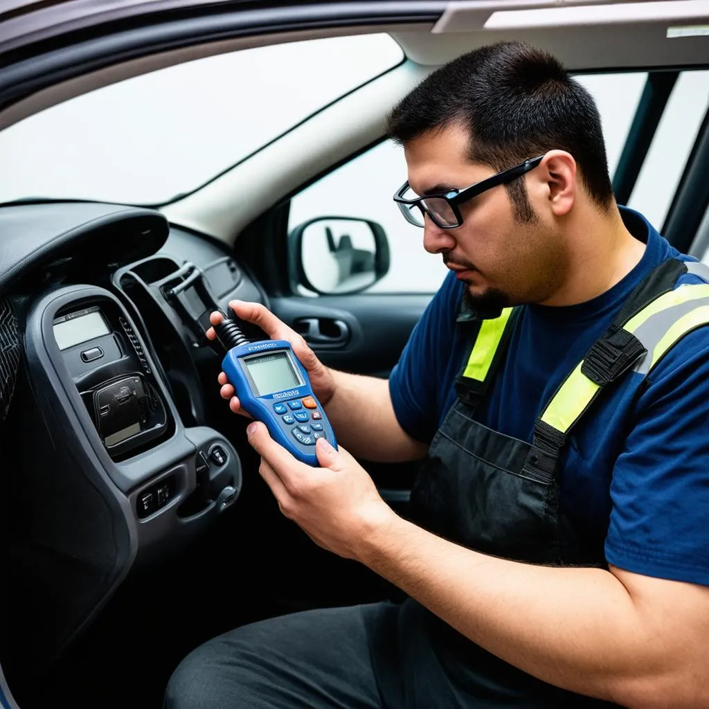 Mechanic diagnosing a car's airbag system